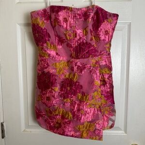 Lulu's Strapless Pink and Gold Floral Jacquard Mini Romper